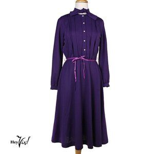 Vintage Purple Knit Dress Long Sleeve Pearl Buttons Beege Tag Size M/L - Hey Viv